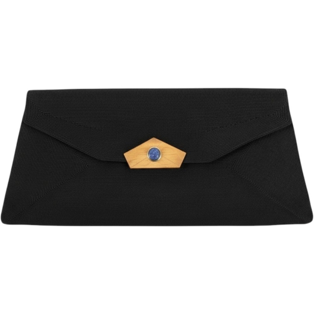 Korday Black Corde Large Envelope Clutch Brass Clasp/w Blue Enamel Hardware Glam